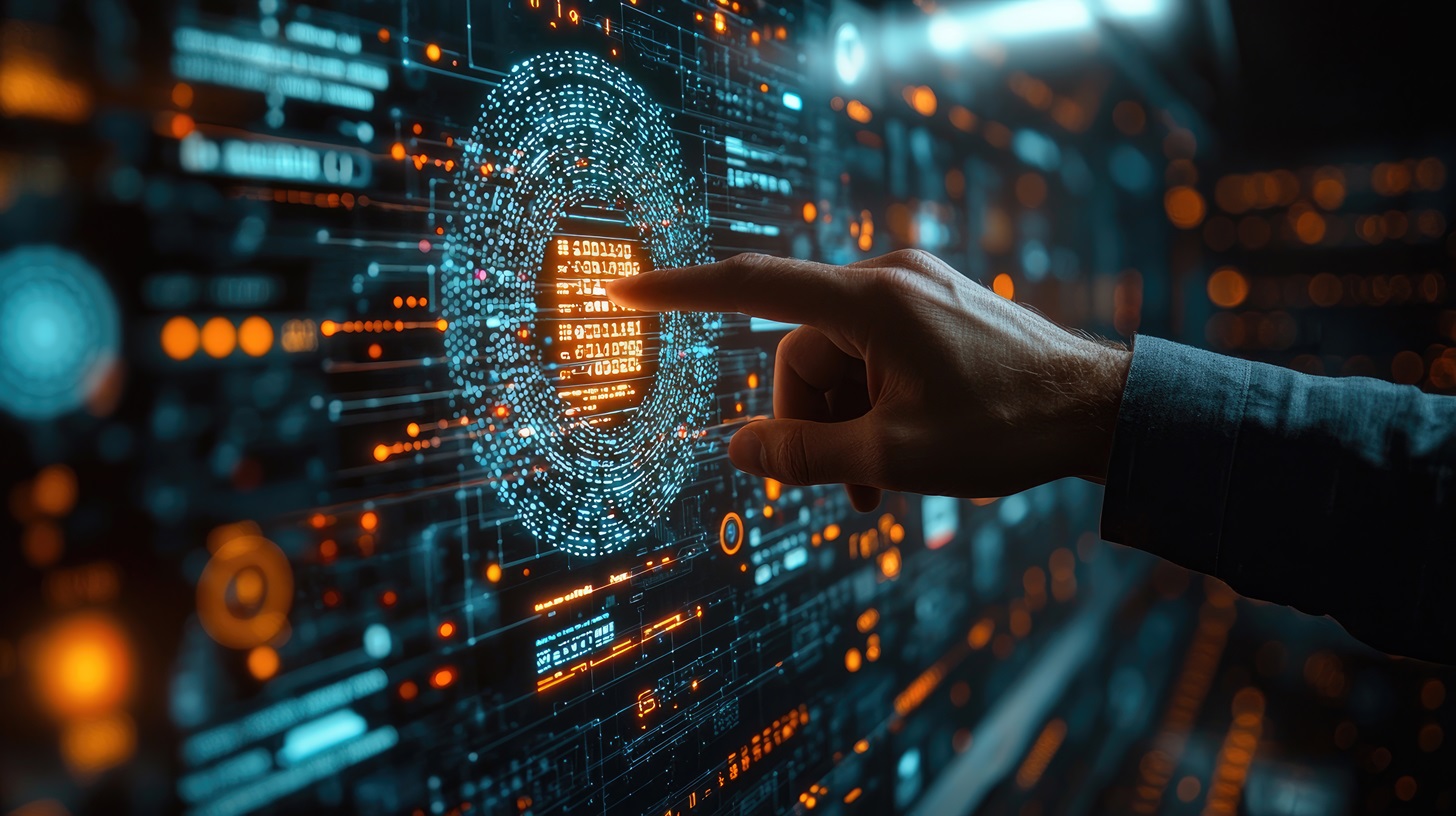 A conceptual depiction showcases advanced biometric technology. A human finger interacts with a circular, digital fingerprint scan composed of binary code, set against a dark background with illuminated circuitry. The image emphasizes cybersecurity, data protection, and the innovation of secure access methods.